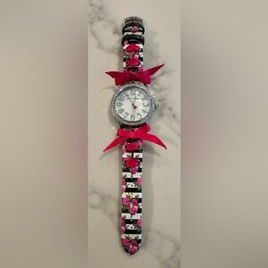 Betsey Johnson Rhinestone Floral Ribbon Watch - Pink Bow NEVER WORN!